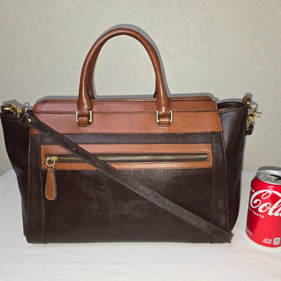 Brahmin Two-Tone Brown Crossgrain Leather & Leather Structured Crossbody Satchel - Picture 2 of 15